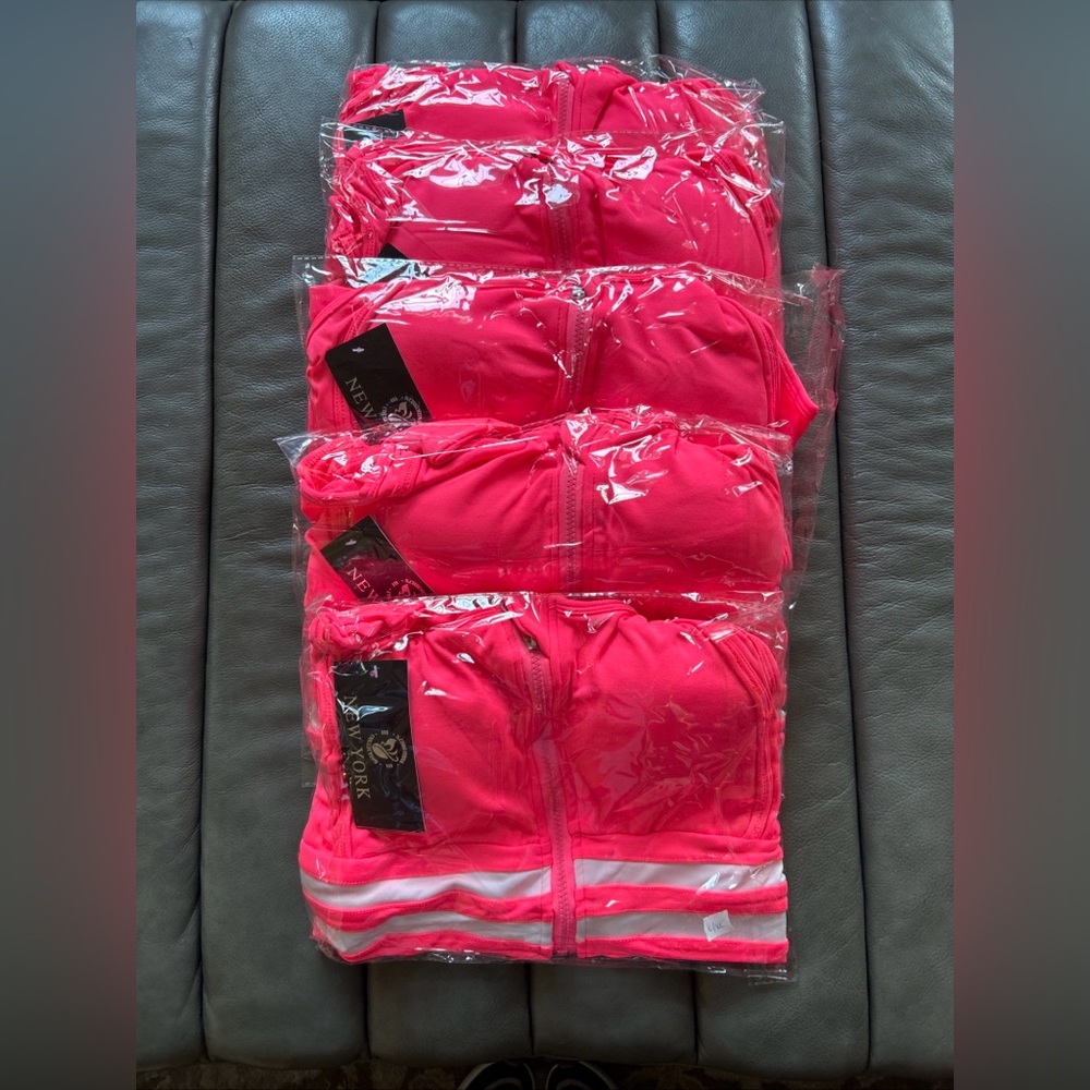 (5) 2-piece athletic sets Pink Zip-Up Sports Bra/Biker Shorts Resellers lot L/XL